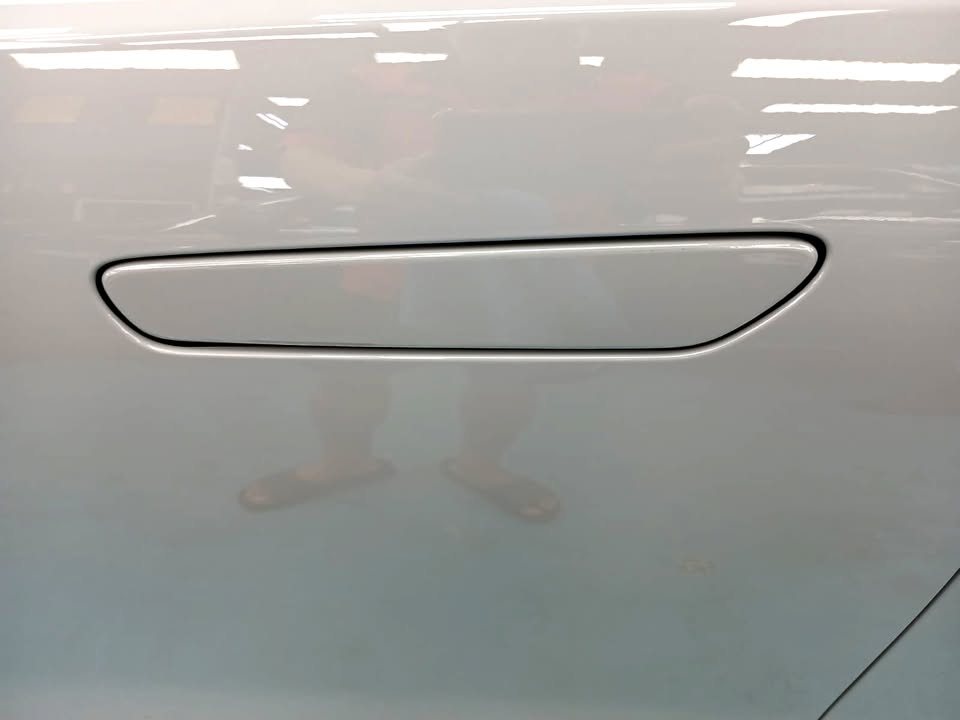 Close-up of the light grey door panel and flush door handle.