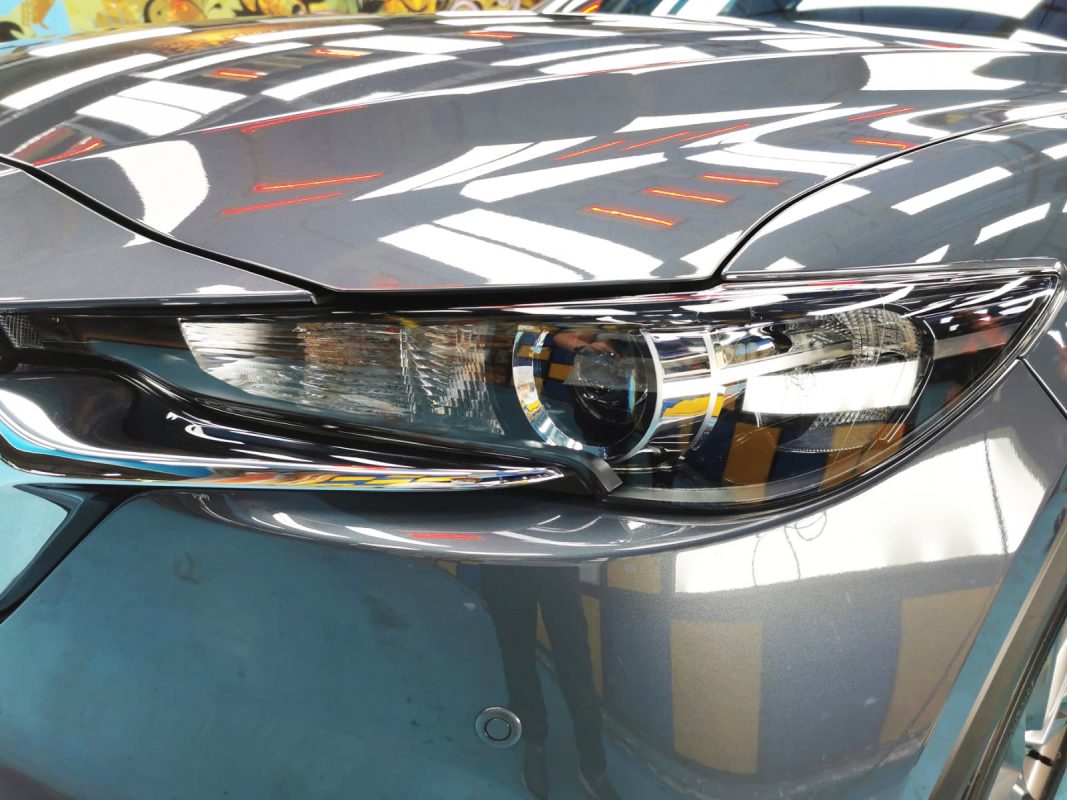 The CX-8's coated paintwork showing clean reflections.