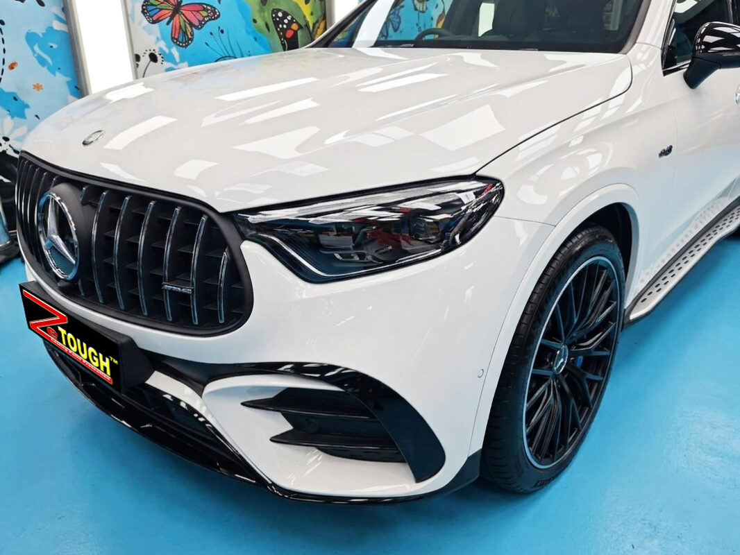 The Mercedes-AMG GLC 43's coated paintwork under workshop lighting.