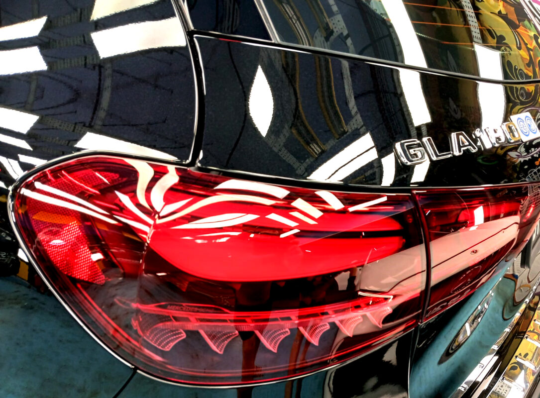 Rear quarter of the Mercedes-Benz GLA 180, glossy and protected.
