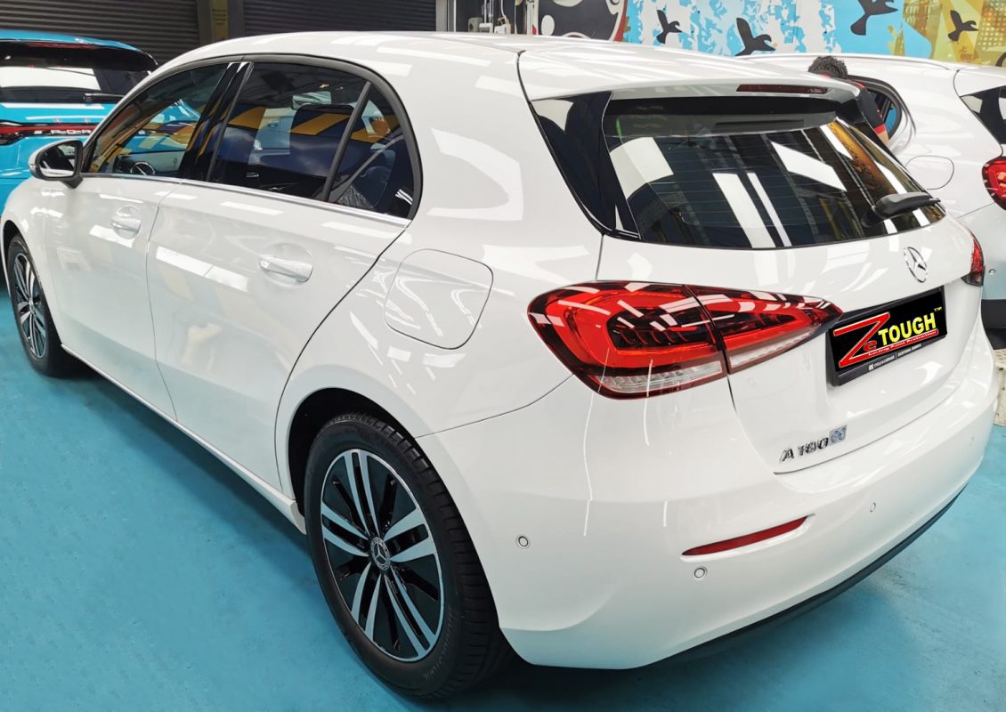 Rear quarter of the Mercedes-Benz A180, glossy and protected.