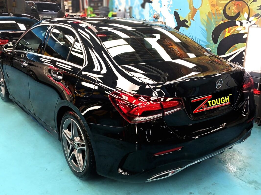 Mercedes-Benz A180 in a glossy finish after a full body respray at Revol Carz.