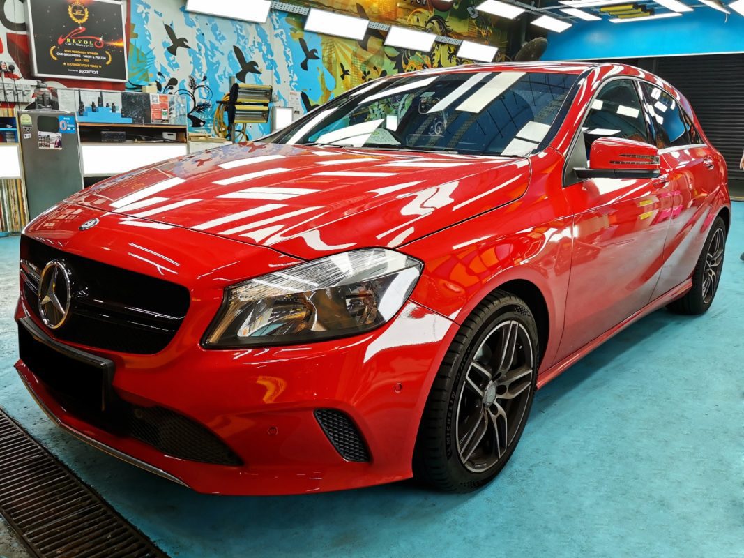 The Mercedes-Benz A180 as it arrived at Revol Carz, front three-quarter view before the respray.