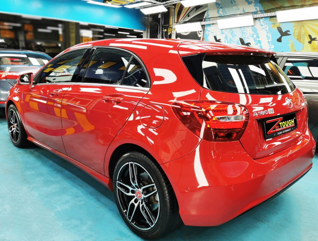Rear quarter of the A180, glossy and protected.