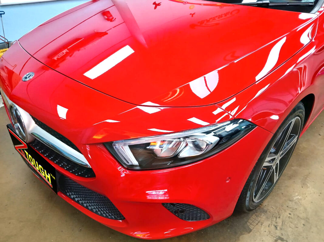 The Mercedes-Benz A200 from a side angle after the ceramic coating.