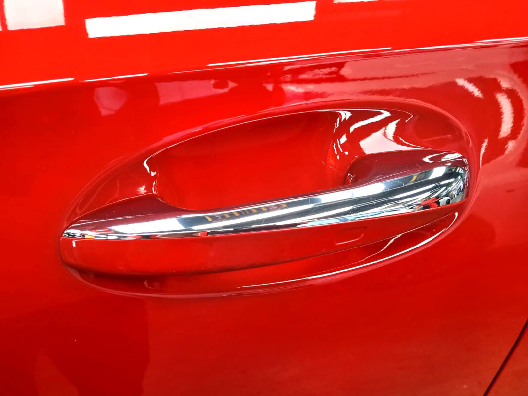 The Mercedes-Benz A200 parked in the workshop, freshly coated.