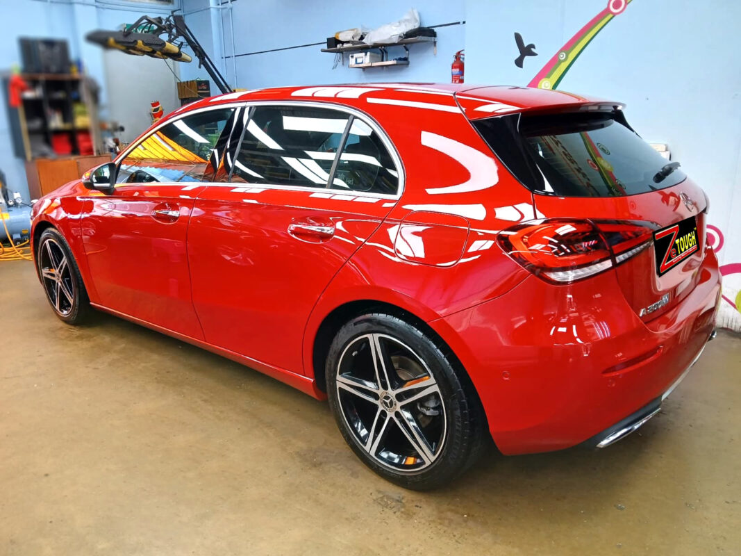 Rear quarter of the Mercedes-Benz A200, glossy and protected.