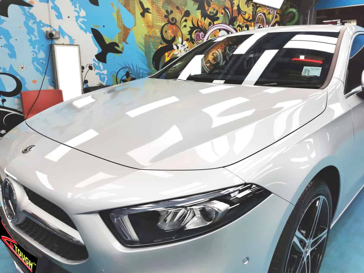The Mercedes-Benz A200 from a side angle after the ceramic coating.