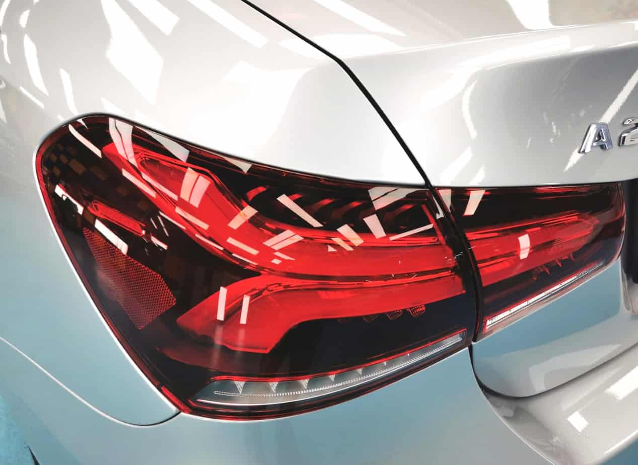 Rear quarter of the Mercedes-Benz A200, glossy and protected.