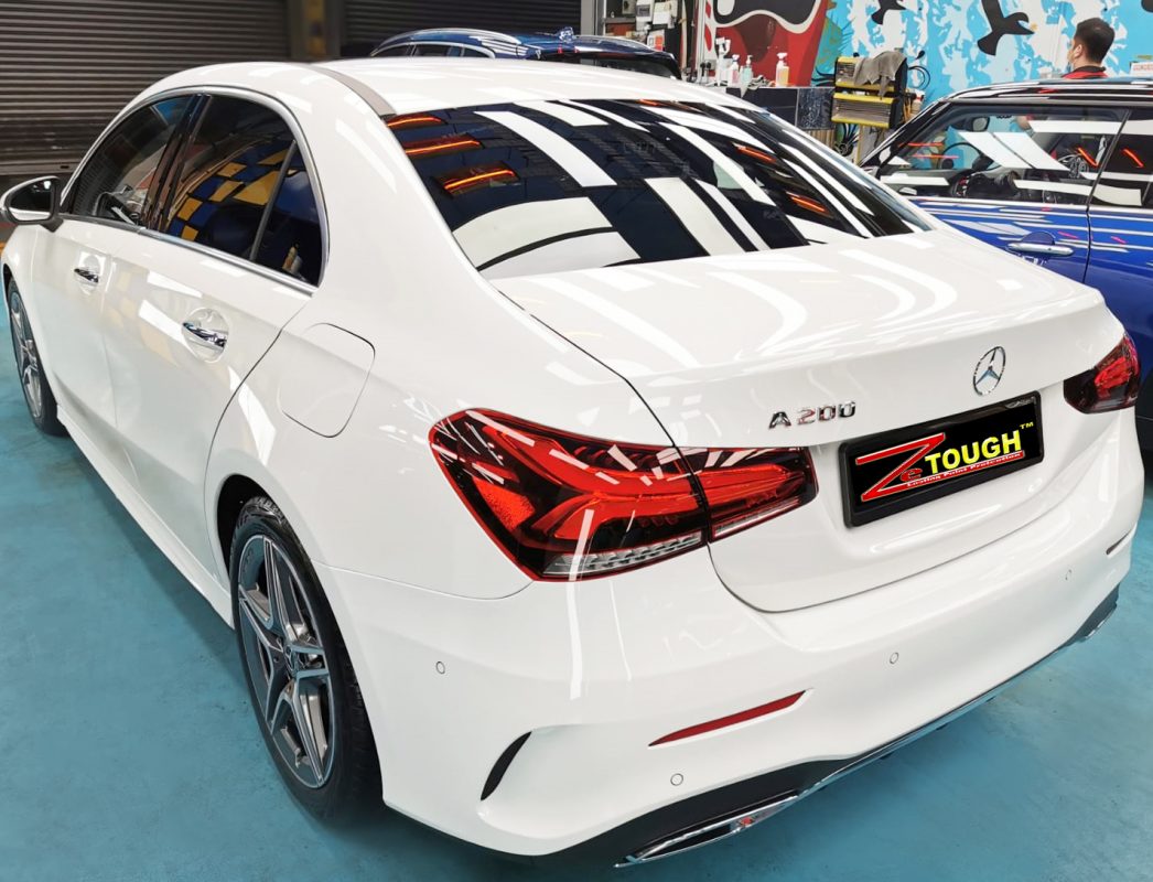 Rear quarter of the Mercedes-Benz A200, glossy and protected.