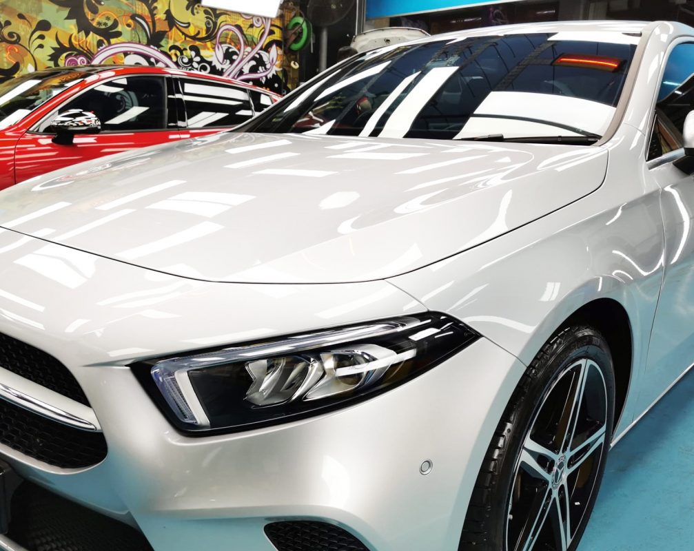 The Mercedes-Benz A200 from a side angle after the ceramic coating.