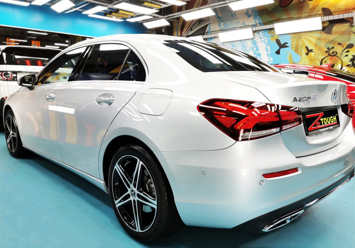 Rear quarter of the Mercedes-Benz A200, glossy and protected.