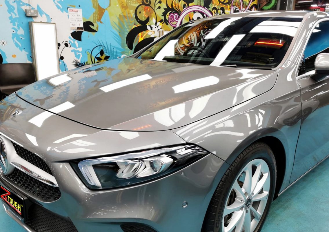The Mercedes-Benz A200 from a side angle after the titanium coating.