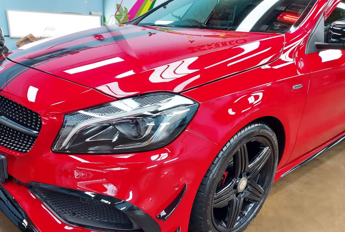 The Mercedes-Benz A250 Sport from a side angle after the ceramic coating.