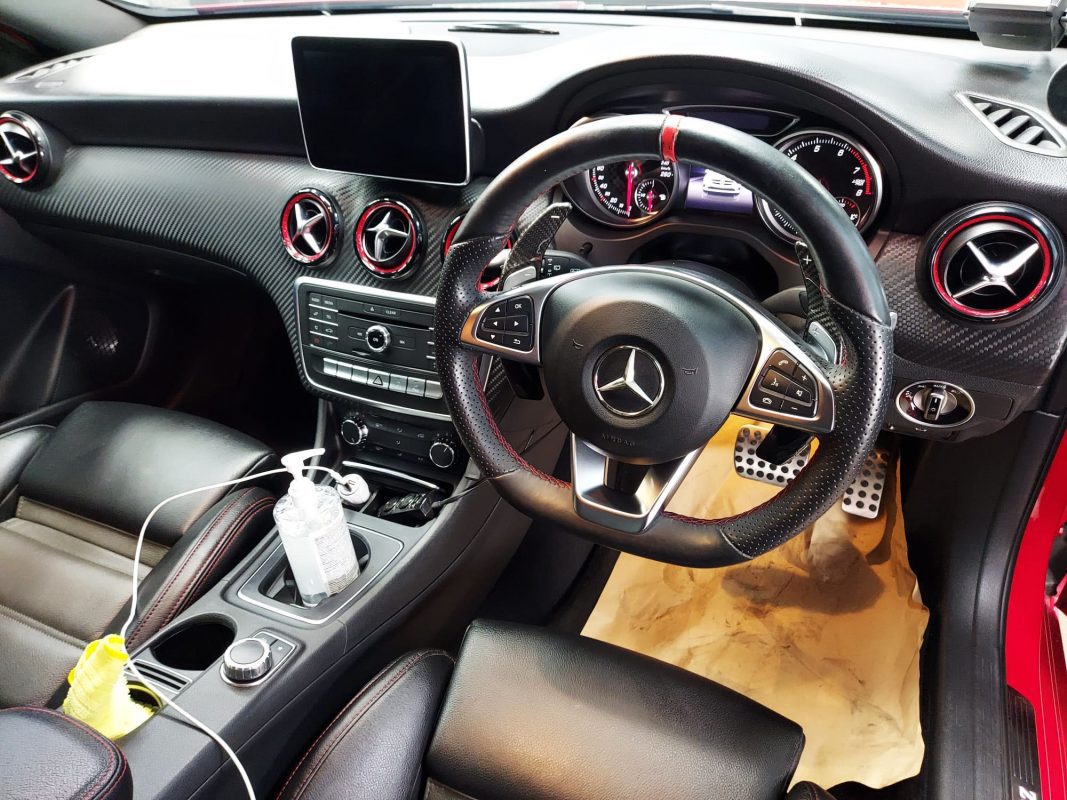 The Mercedes-Benz A250 Sport parked in the workshop, freshly coated.