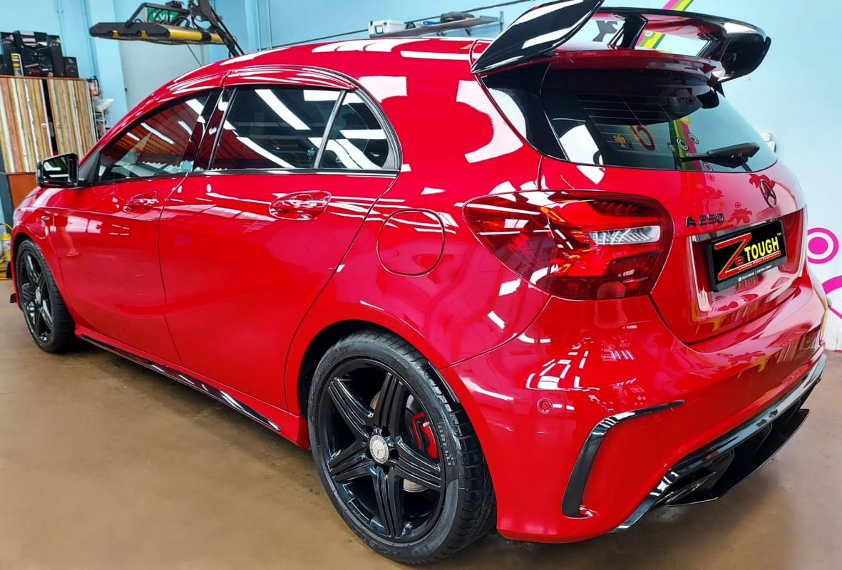 Rear quarter of the Mercedes-Benz A250 Sport, glossy and protected.