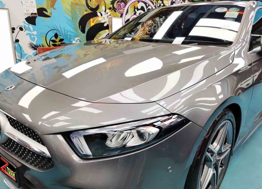 The Mercedes-Benz A250 from a side angle after the titanium coating.