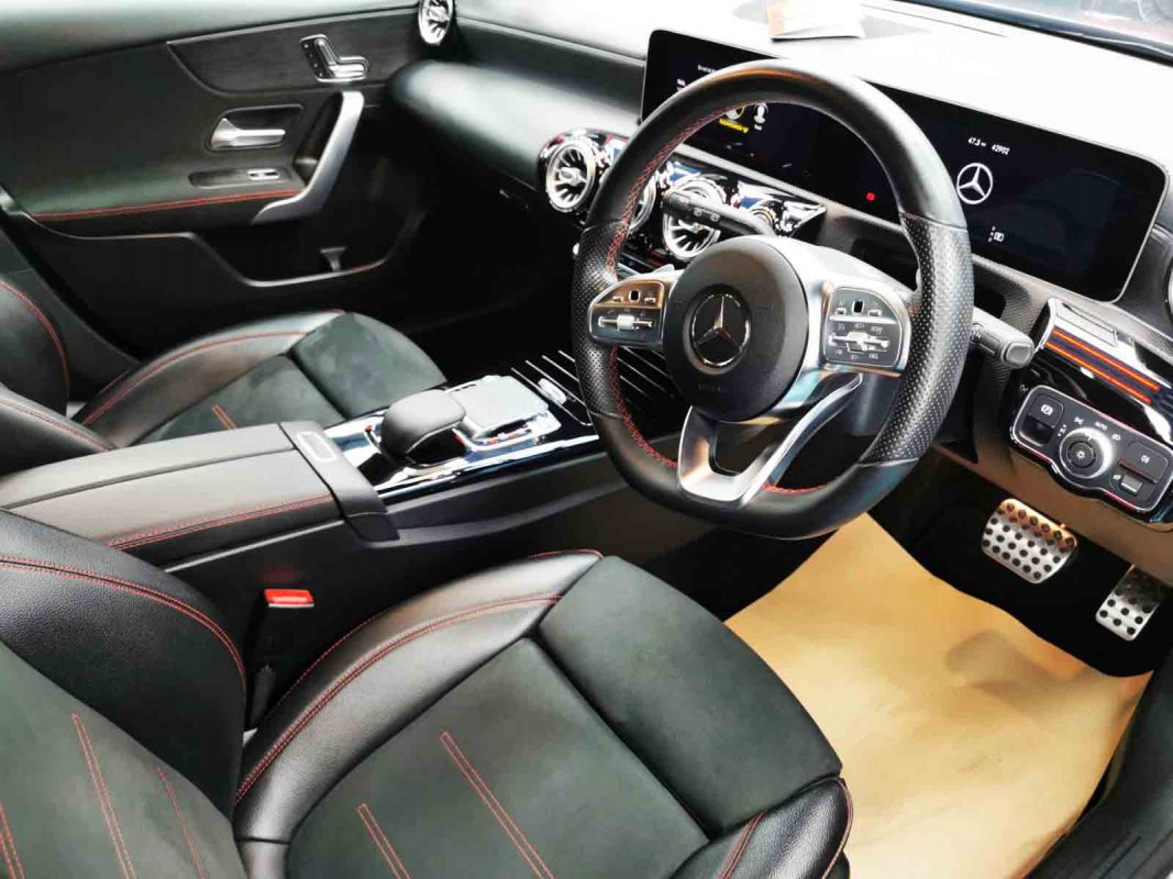 The Mercedes-Benz A250 parked in the workshop, freshly coated.