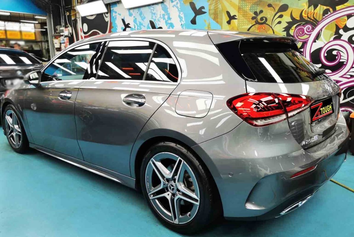 Rear quarter of the Mercedes-Benz A250, glossy and protected.