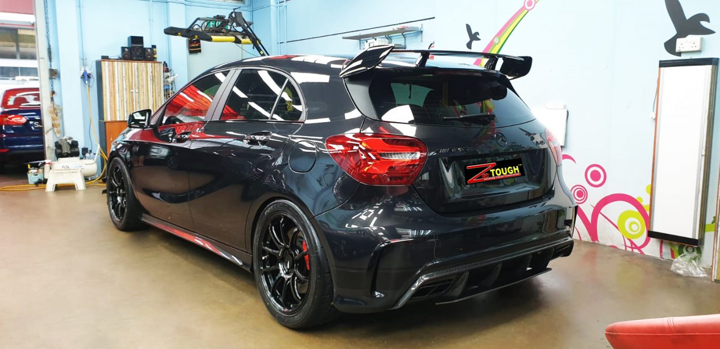 Rear quarter of the Mercedes-Benz A45, glossy and protected.