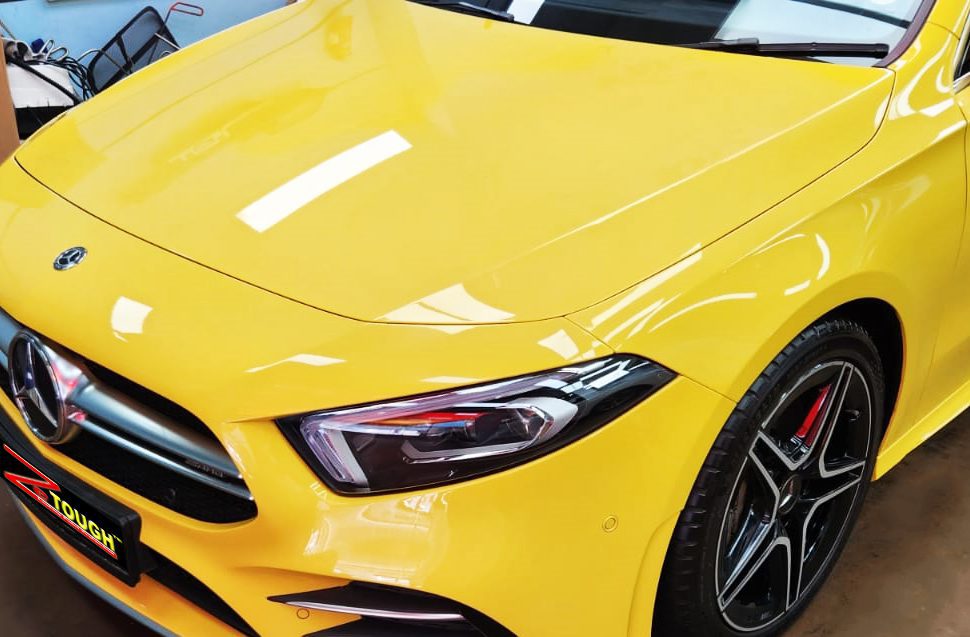 The Mercedes-Benz AMG A35 from a side angle after the ceramic coating.