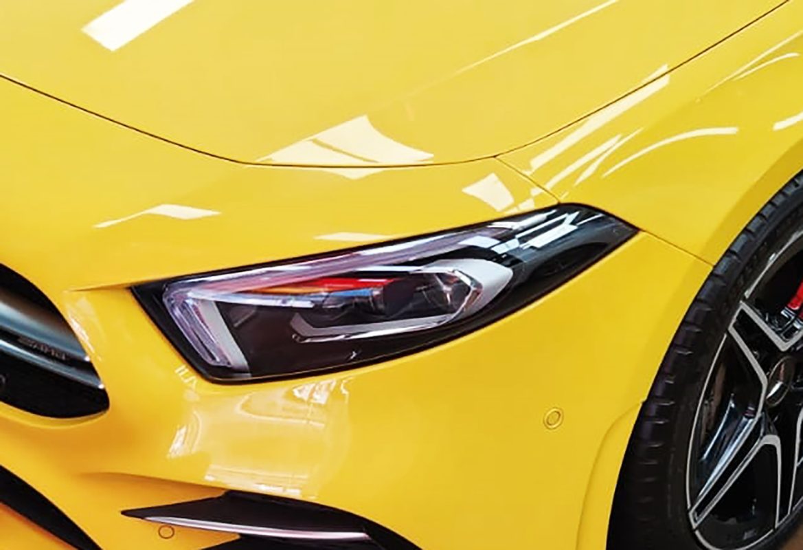 The AMG A35's coated paintwork showing clean reflections.