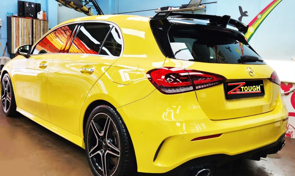 Rear quarter of the Mercedes-Benz AMG A35, glossy and protected.