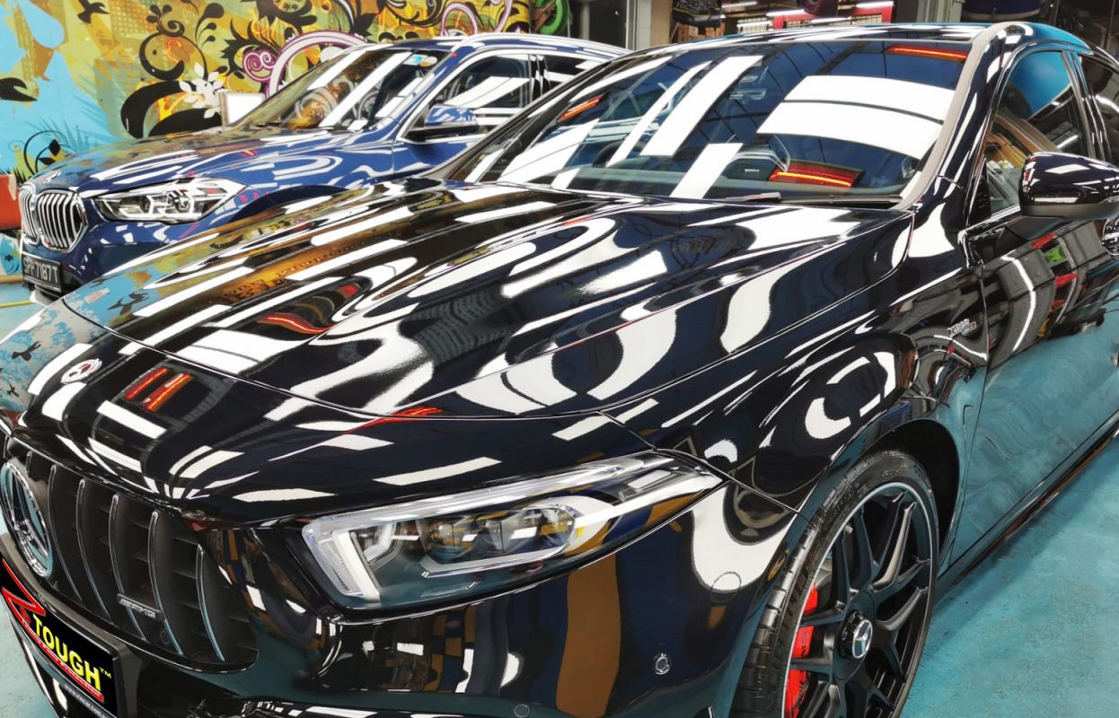 The Mercedes-Benz AMG A45 from a side angle after the ceramic coating.