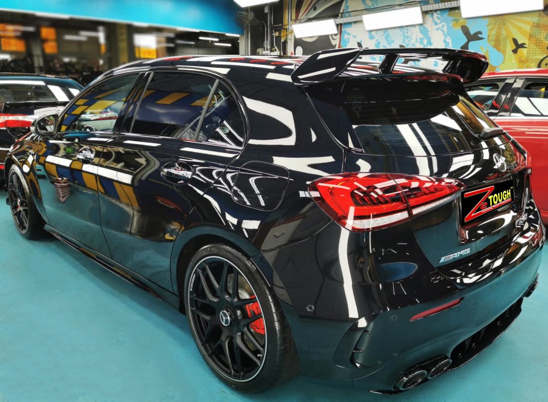 Rear quarter of the Mercedes-Benz AMG A45, glossy and protected.