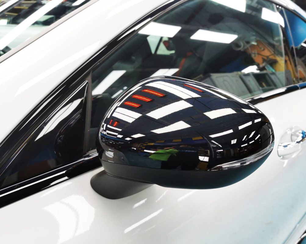Side panel of the Mercedes-Benz AMG CLA35 with the titanium finish locked in.
