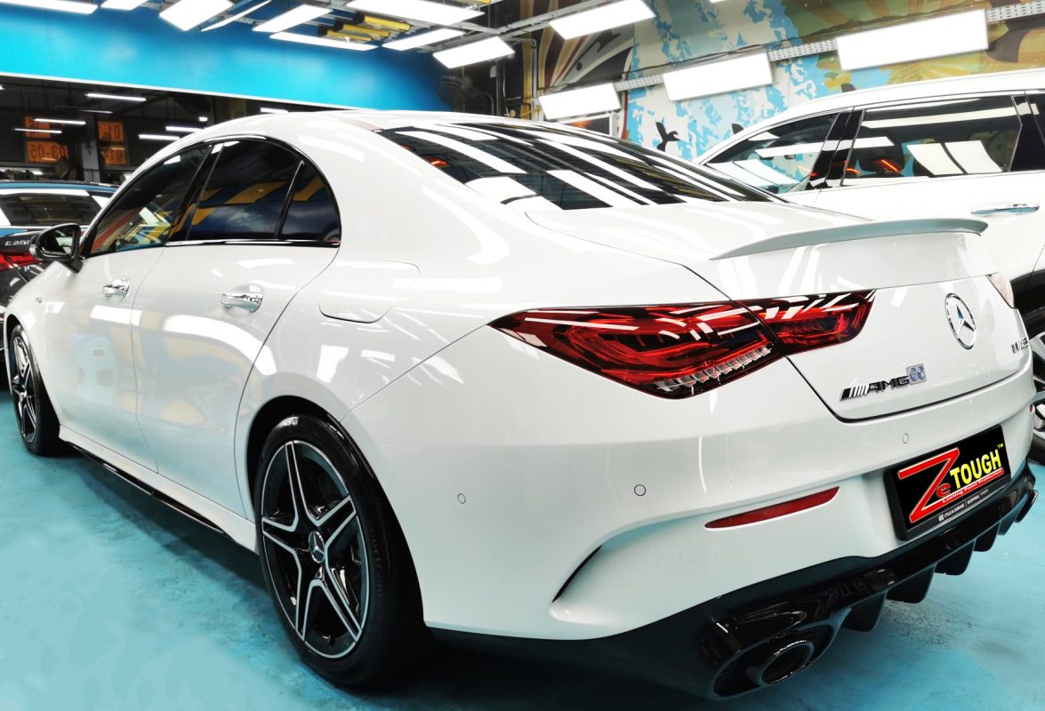 Rear quarter of the Mercedes-Benz AMG CLA35, glossy and protected.