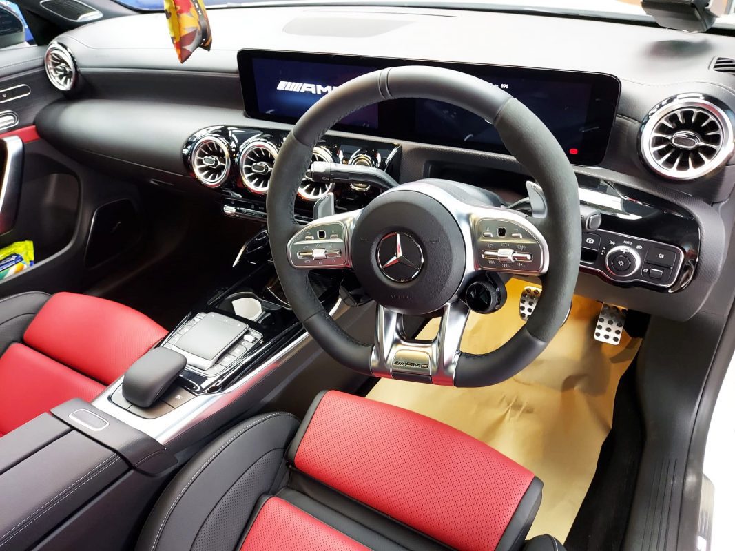 The AMG CLA45 parked in the workshop, freshly coated.