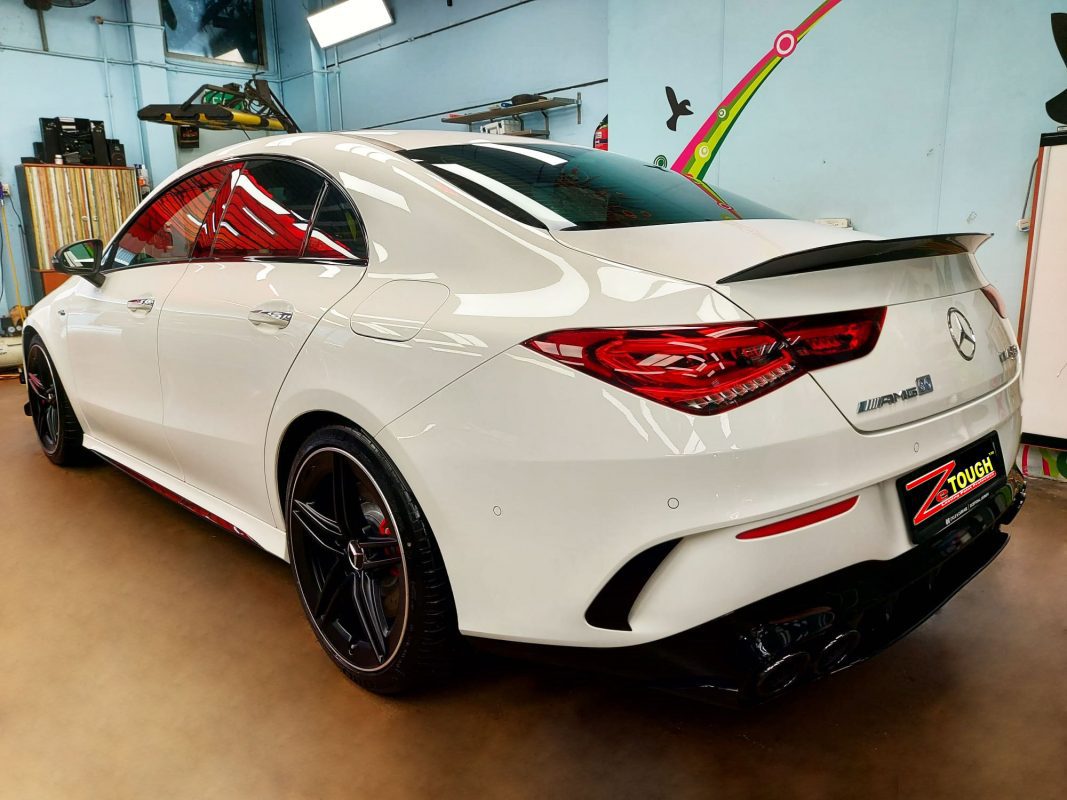 Front three-quarter view of the AMG CLA45 after coating.