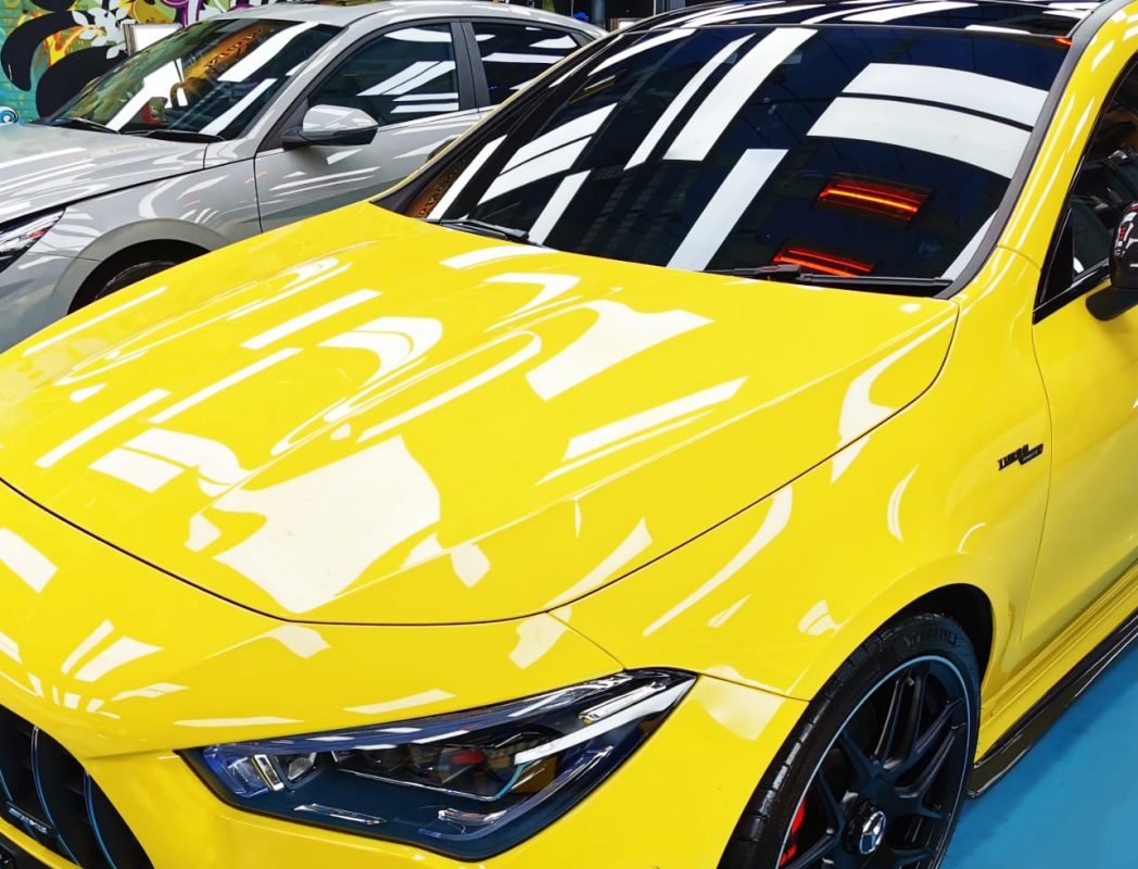 The Mercedes-Benz AMG CLA45S from a side angle after the titanium coating.