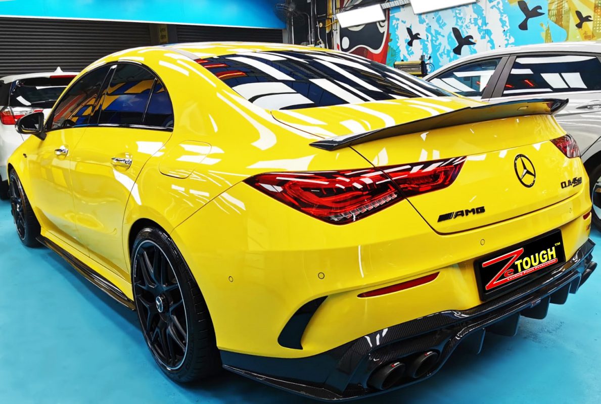 Rear quarter of the Mercedes-Benz AMG CLA45S, glossy and protected.