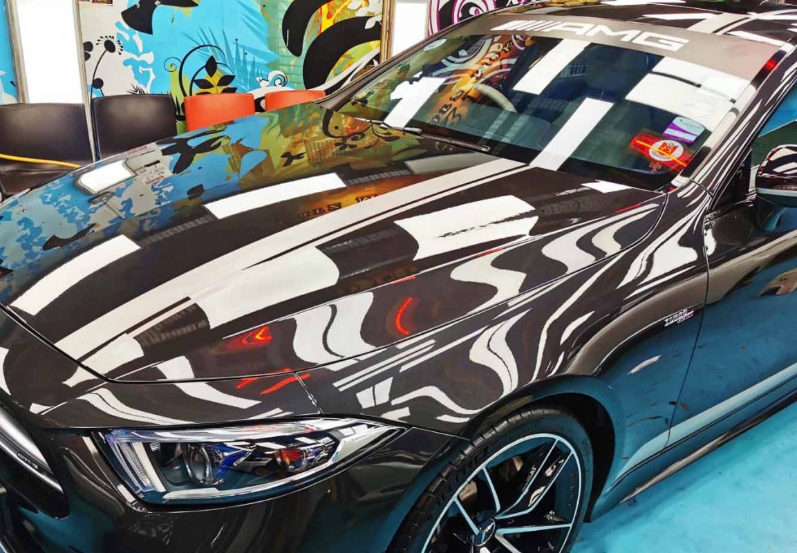 The Mercedes-Benz AMG CLS53 from a side angle after the titanium coating.