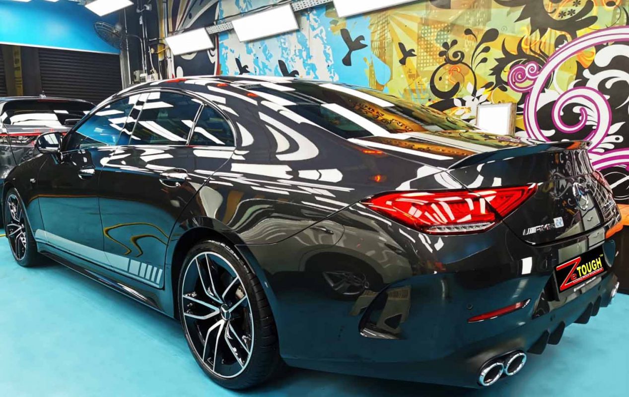 Rear quarter of the Mercedes-Benz AMG CLS53, glossy and protected.