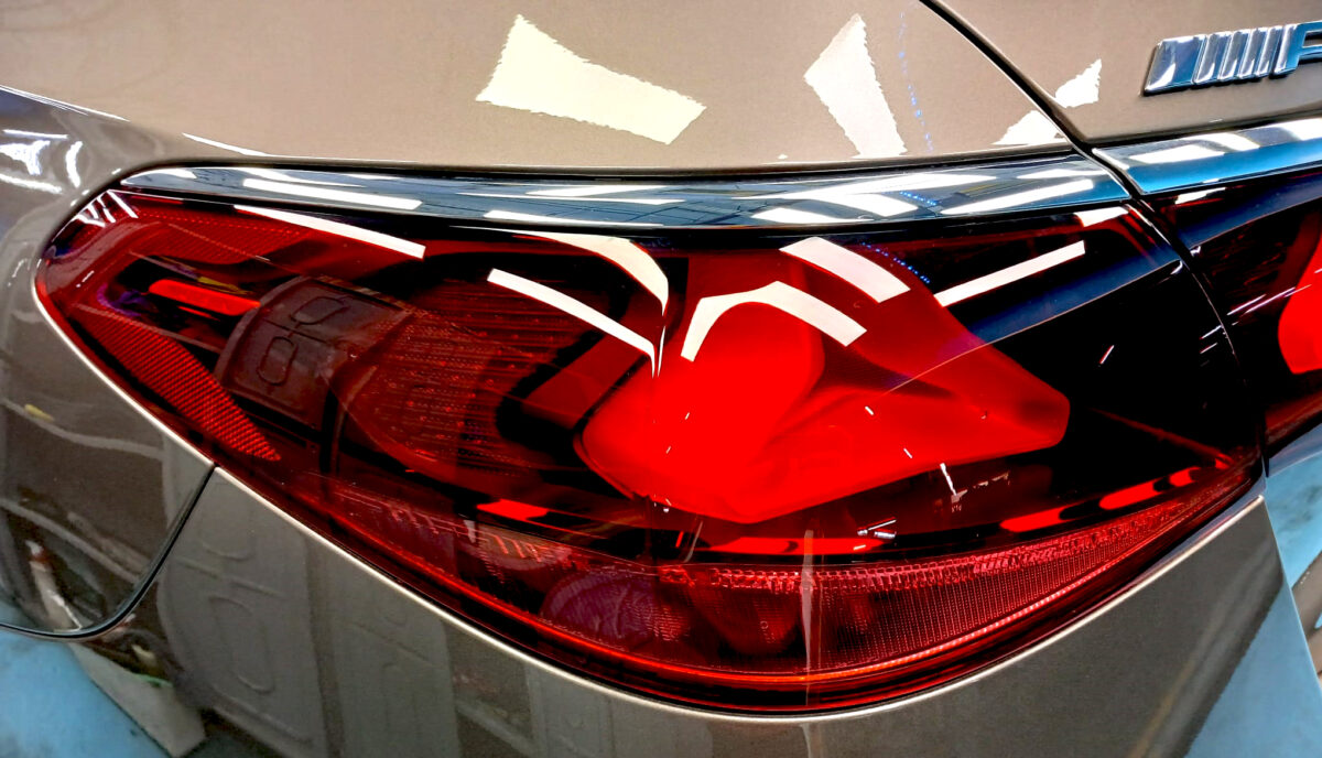 Rear quarter of the Mercedes-Benz AMG E53, glossy and protected.