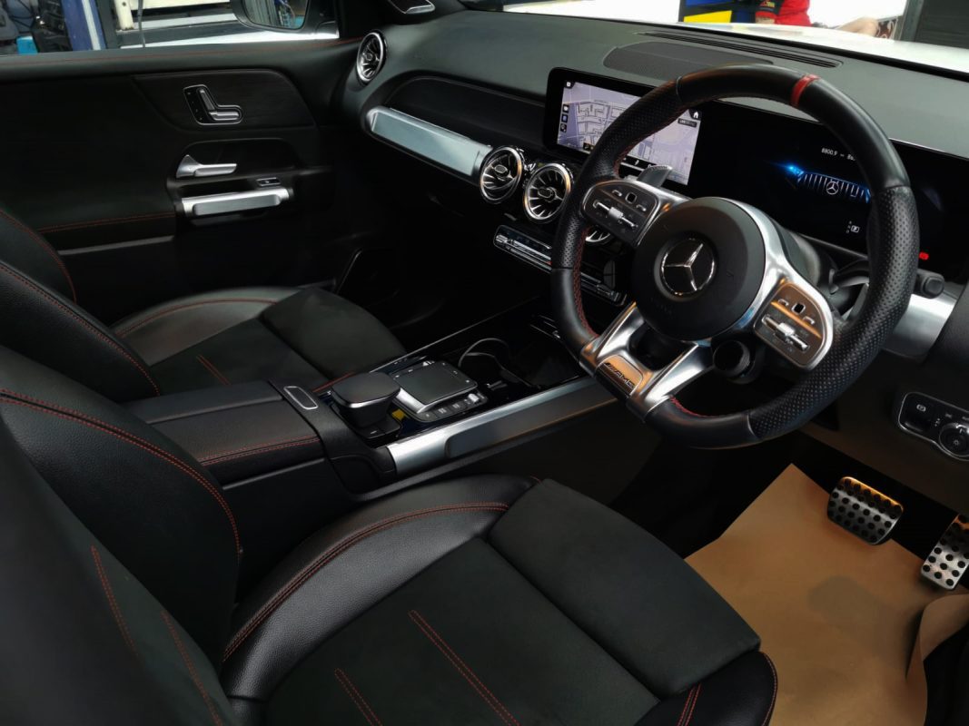 The Mercedes-Benz AMG GLB35 parked in the workshop, freshly coated.