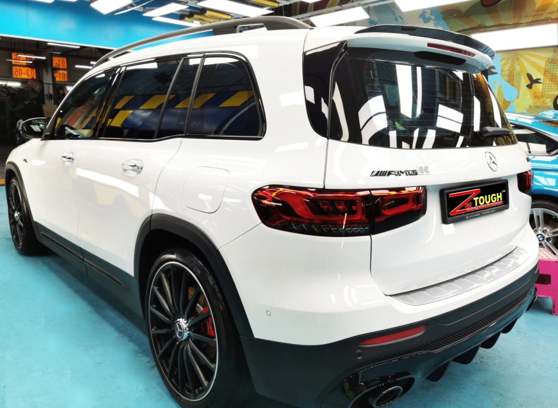 Rear quarter of the Mercedes-Benz AMG GLB35, glossy and protected.