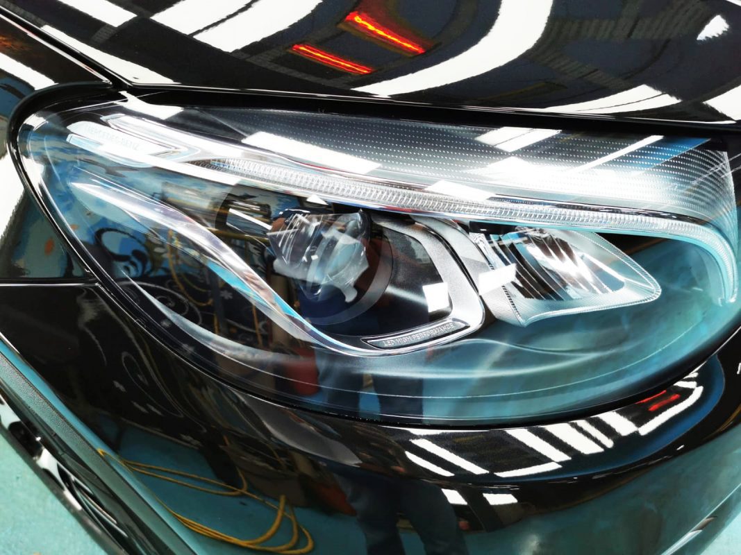 The AMG GLC43's coated paintwork showing clean reflections.