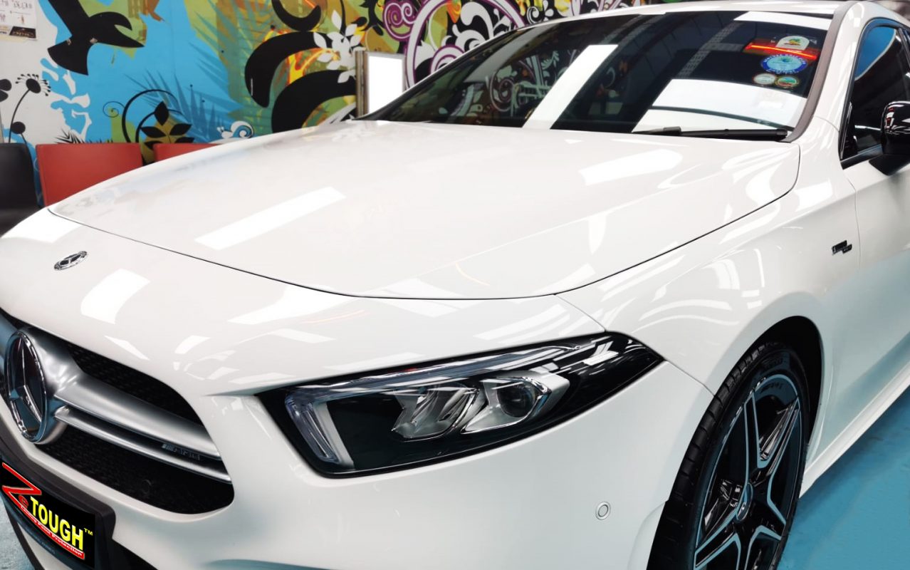 The Mercedes-Benz AMG 35 from a side angle after the ceramic coating.