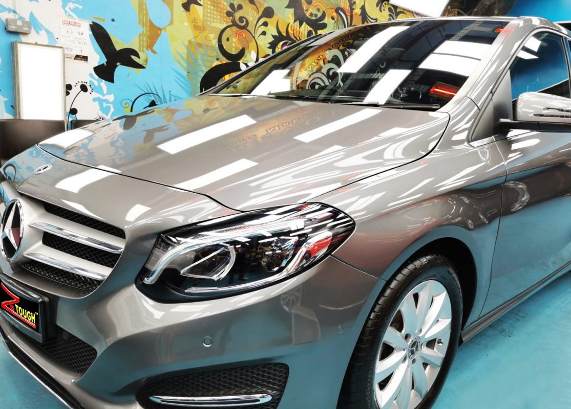 The Mercedes-Benz B180 from a side angle after the titanium coating.