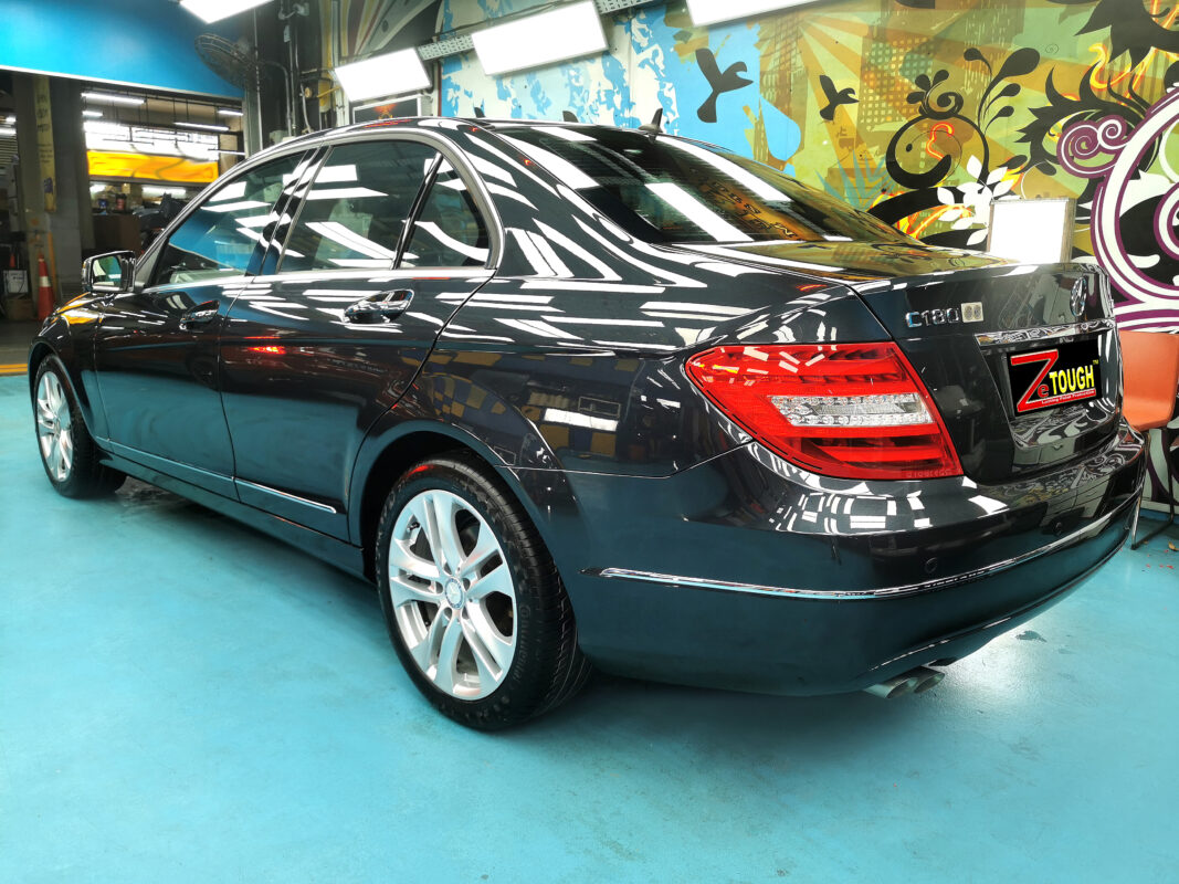 Mercedes-Benz C180 after a full body respray at Revol Carz, polished to a fresh gloss.