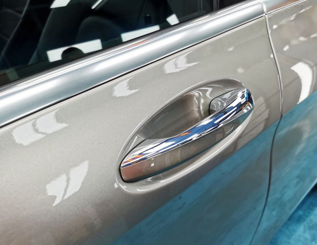 Front three-quarter view of the Mercedes-Benz C180 after coating.