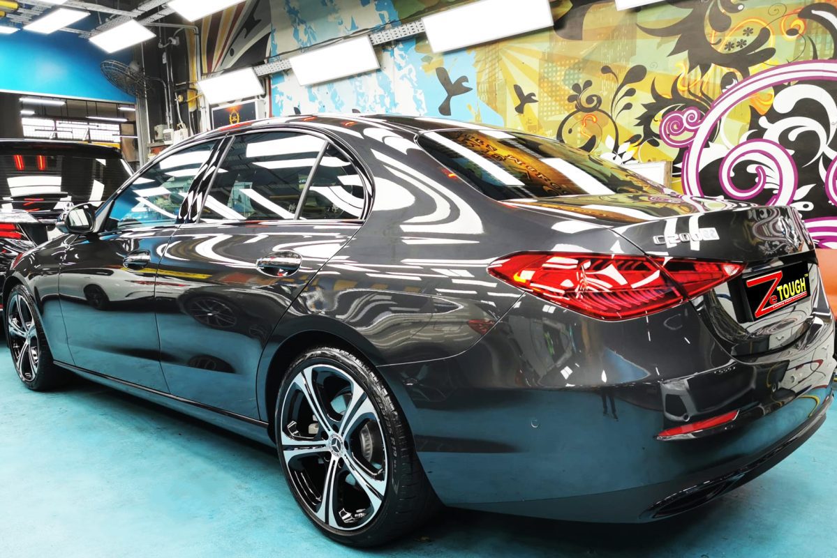Rear quarter of the Mercedes-Benz C200, glossy and protected.