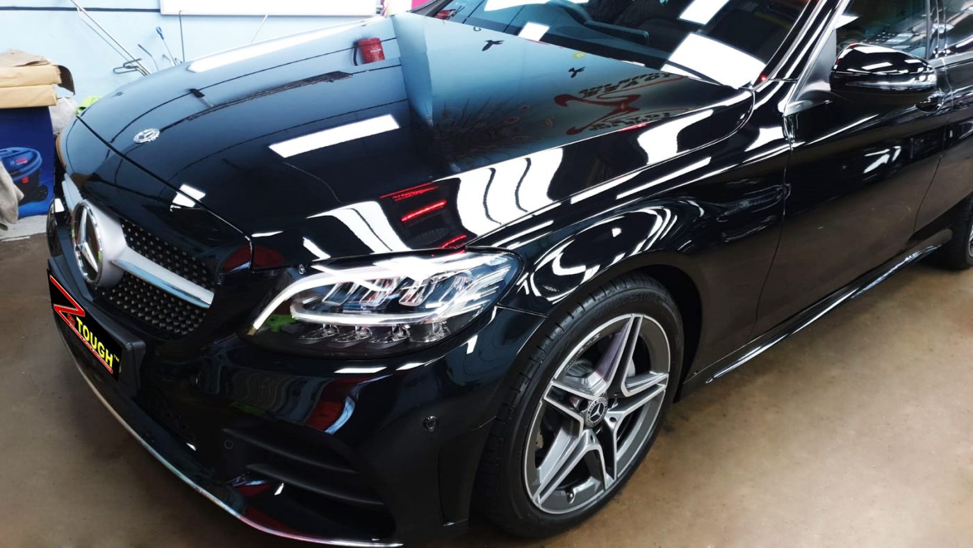 The Mercedes-Benz C200 AMG from a side angle after the titanium coating.