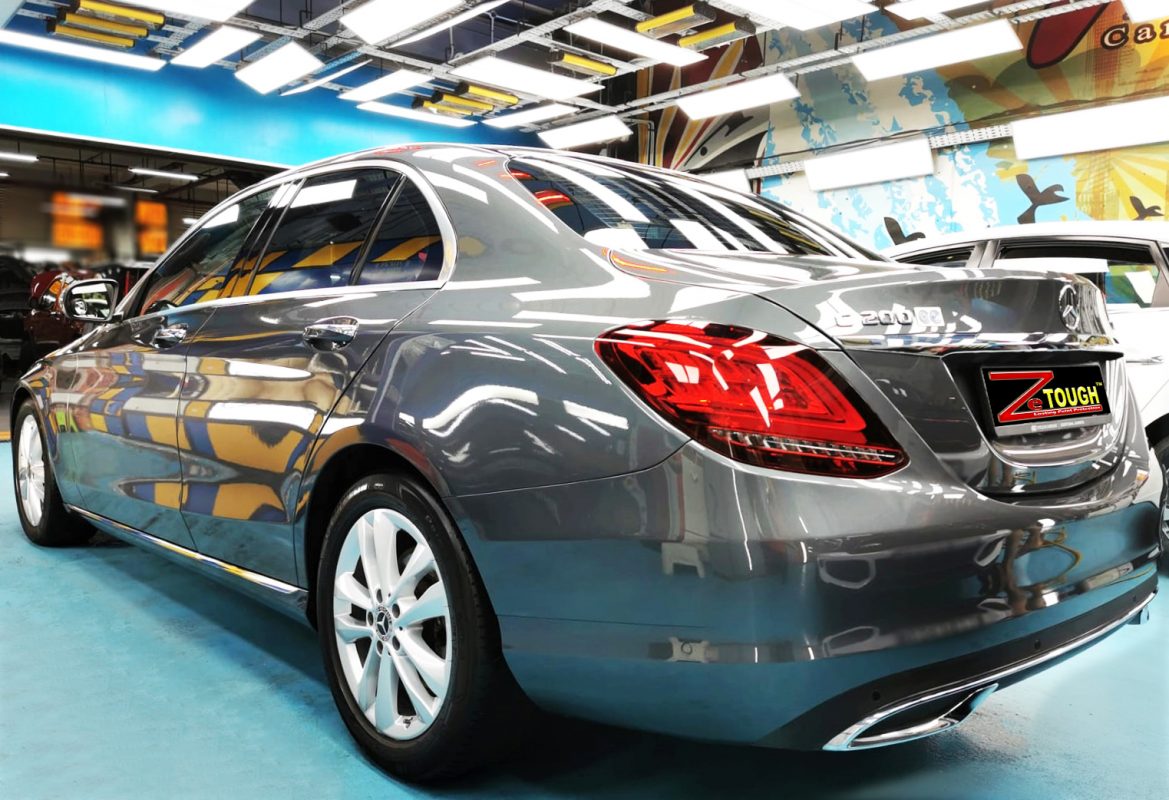 Rear quarter of the Mercedes-Benz C200, glossy and protected.