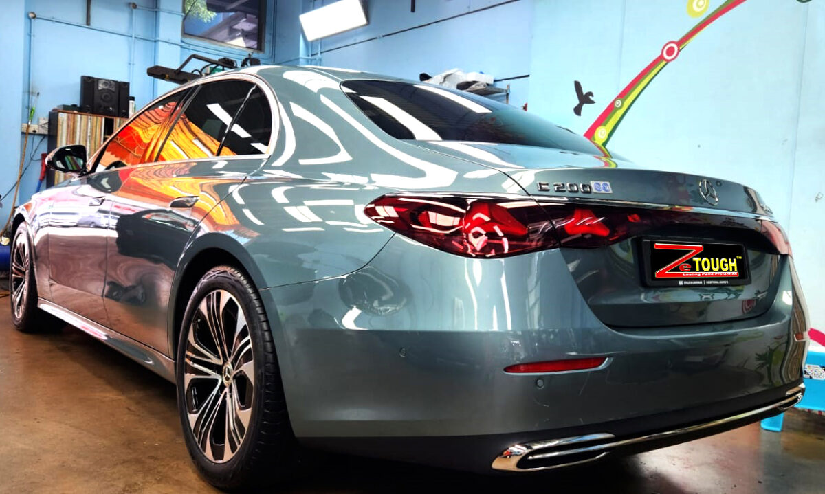 Rear quarter of the Mercedes-Benz C200, glossy and protected.