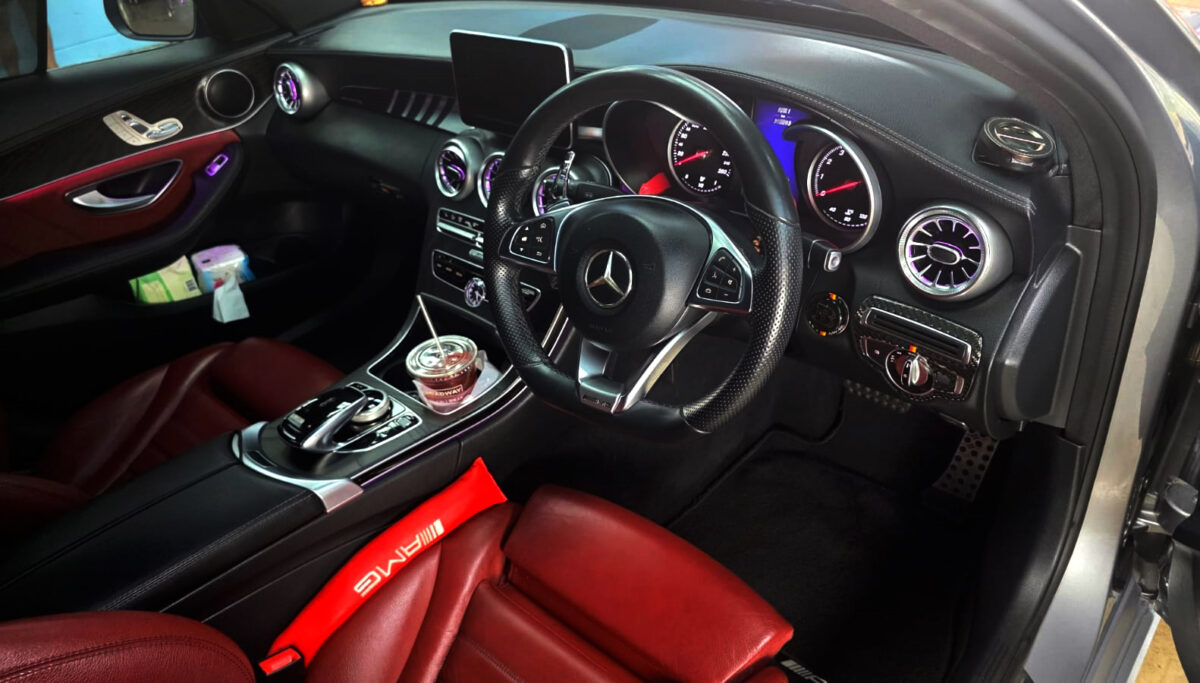 The Mercedes-Benz C200 parked in the workshop, freshly coated.